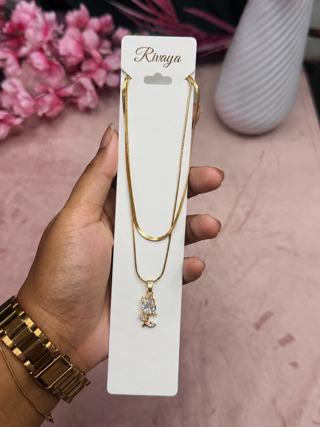 Golden Dual-Layer Crystal Leaf Pendant Necklace