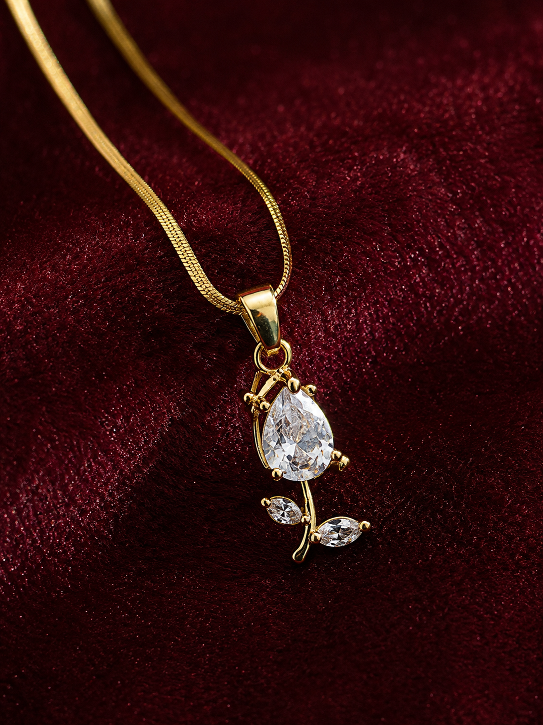 Golden Dual-Layer Crystal Leaf Pendant Necklace
