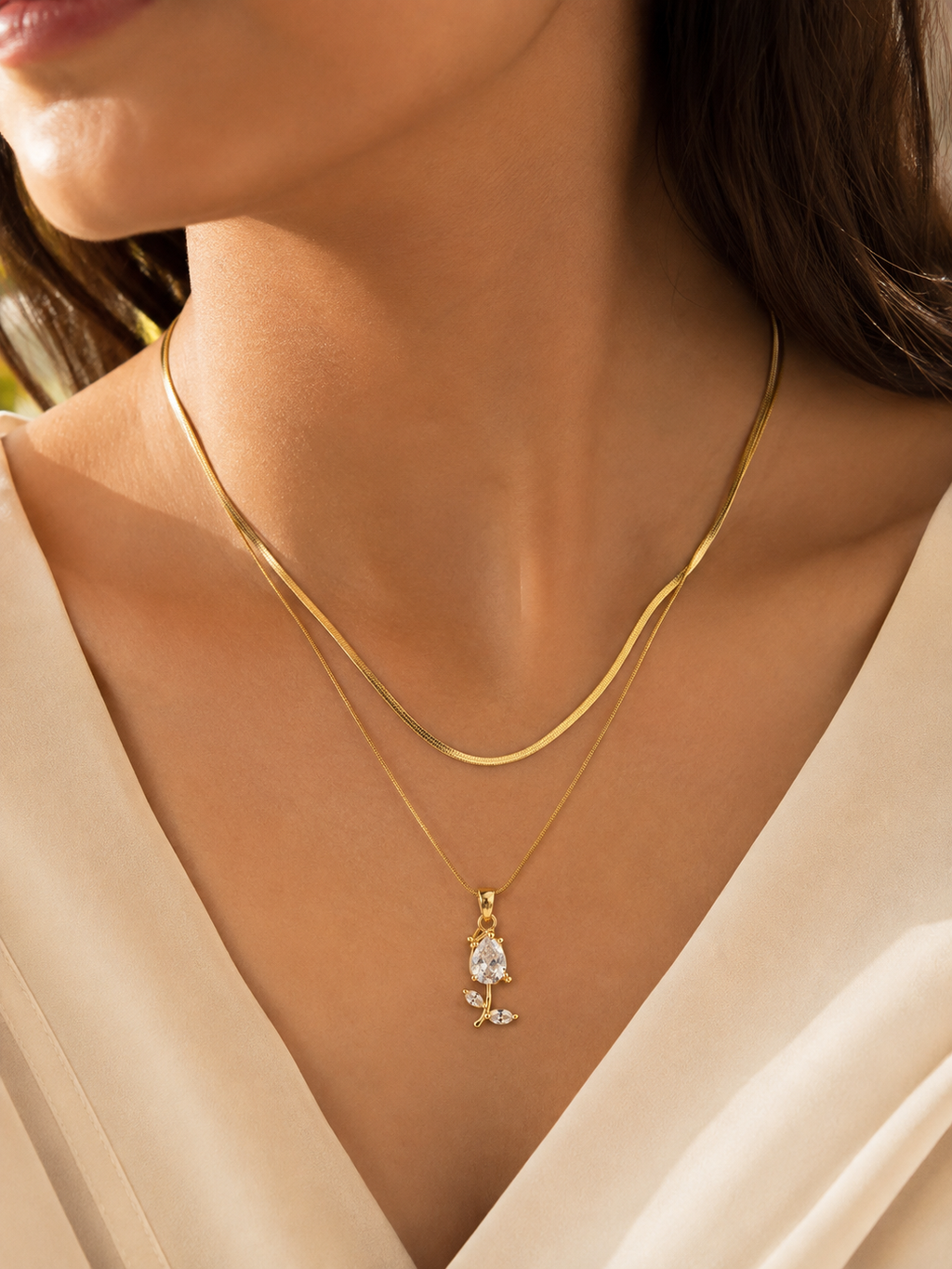 Golden Dual-Layer Crystal Leaf Pendant Necklace