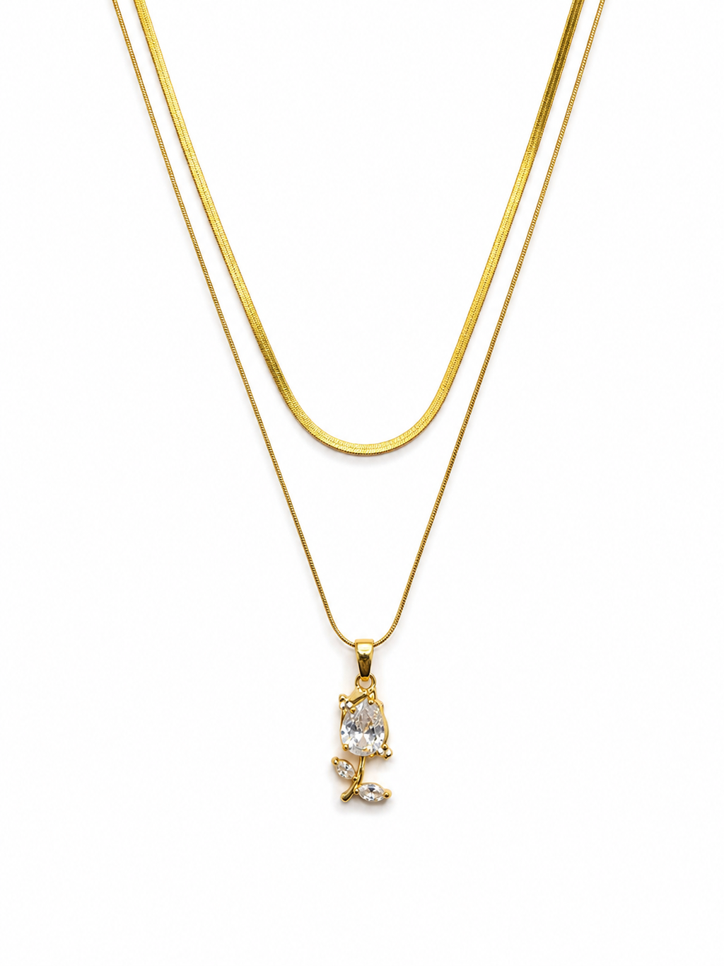 Golden Dual-Layer Crystal Leaf Pendant Necklace