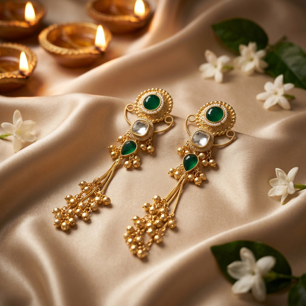 Emerald Kundan Tassel Earrings
