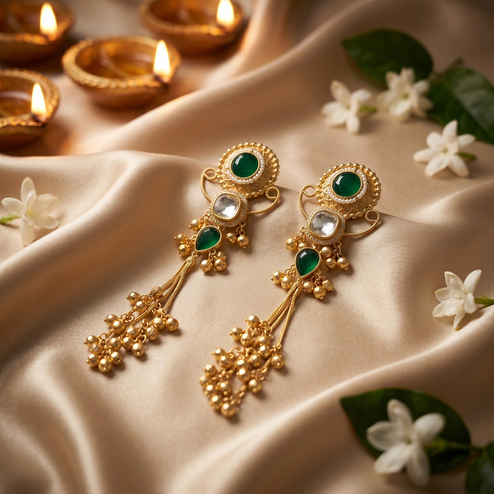 Emerald Kundan Tassel Earrings