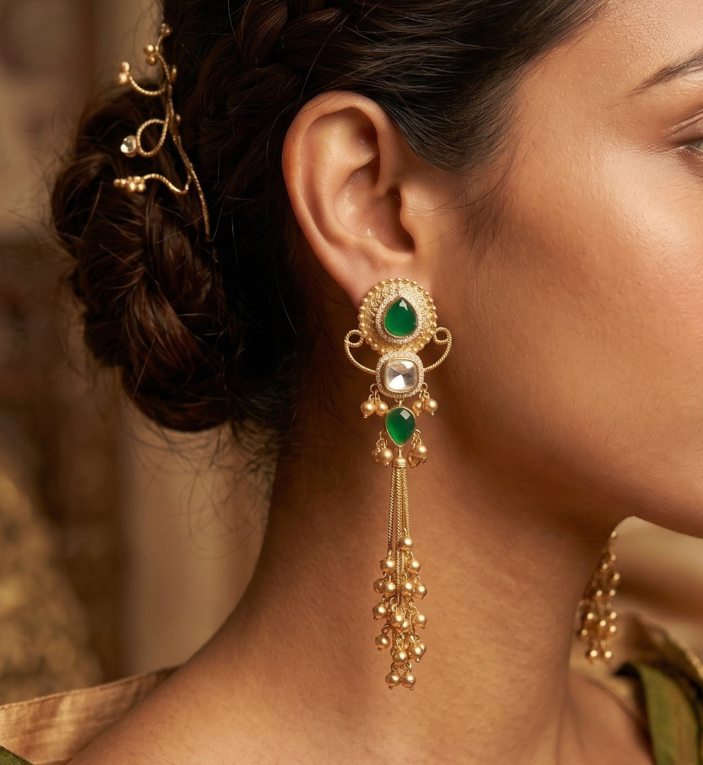 Emerald Kundan Tassel Earrings