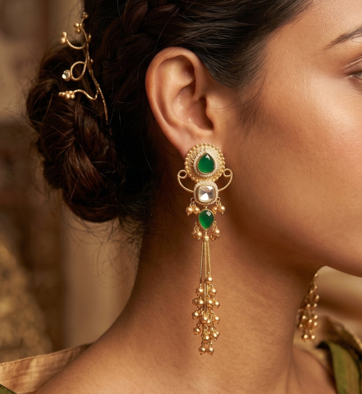 Emerald Kundan Tassel Earrings