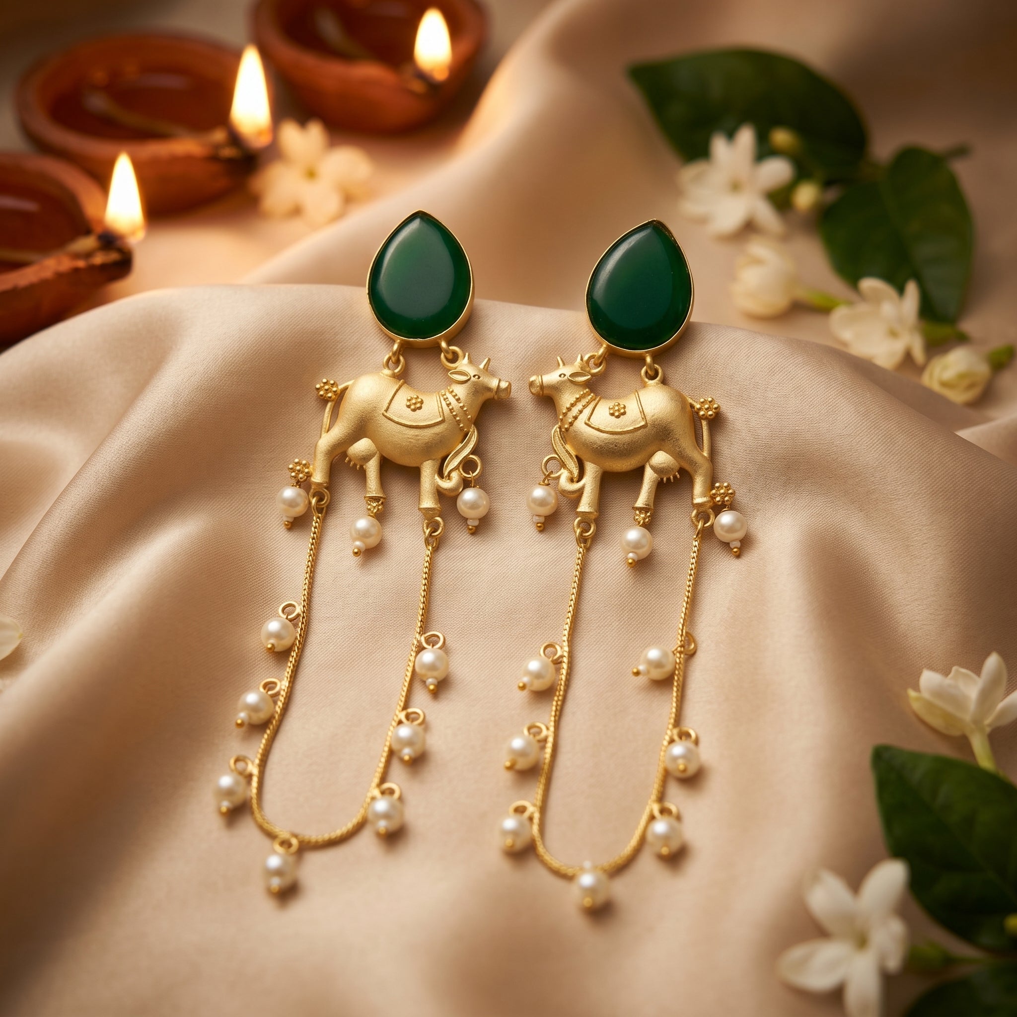Emerald Cow Motif Pearl Drop Earrings