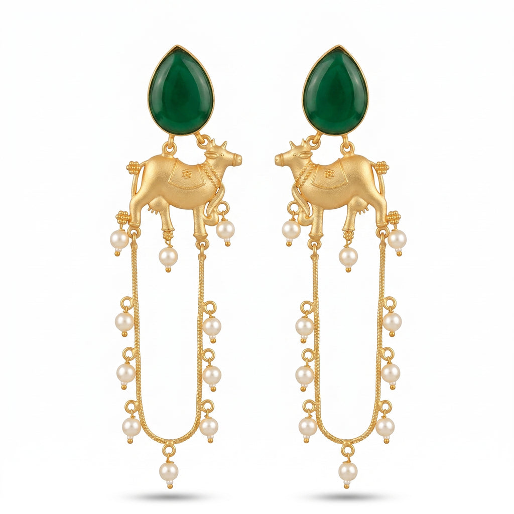 Emerald Cow Motif Pearl Drop Earrings