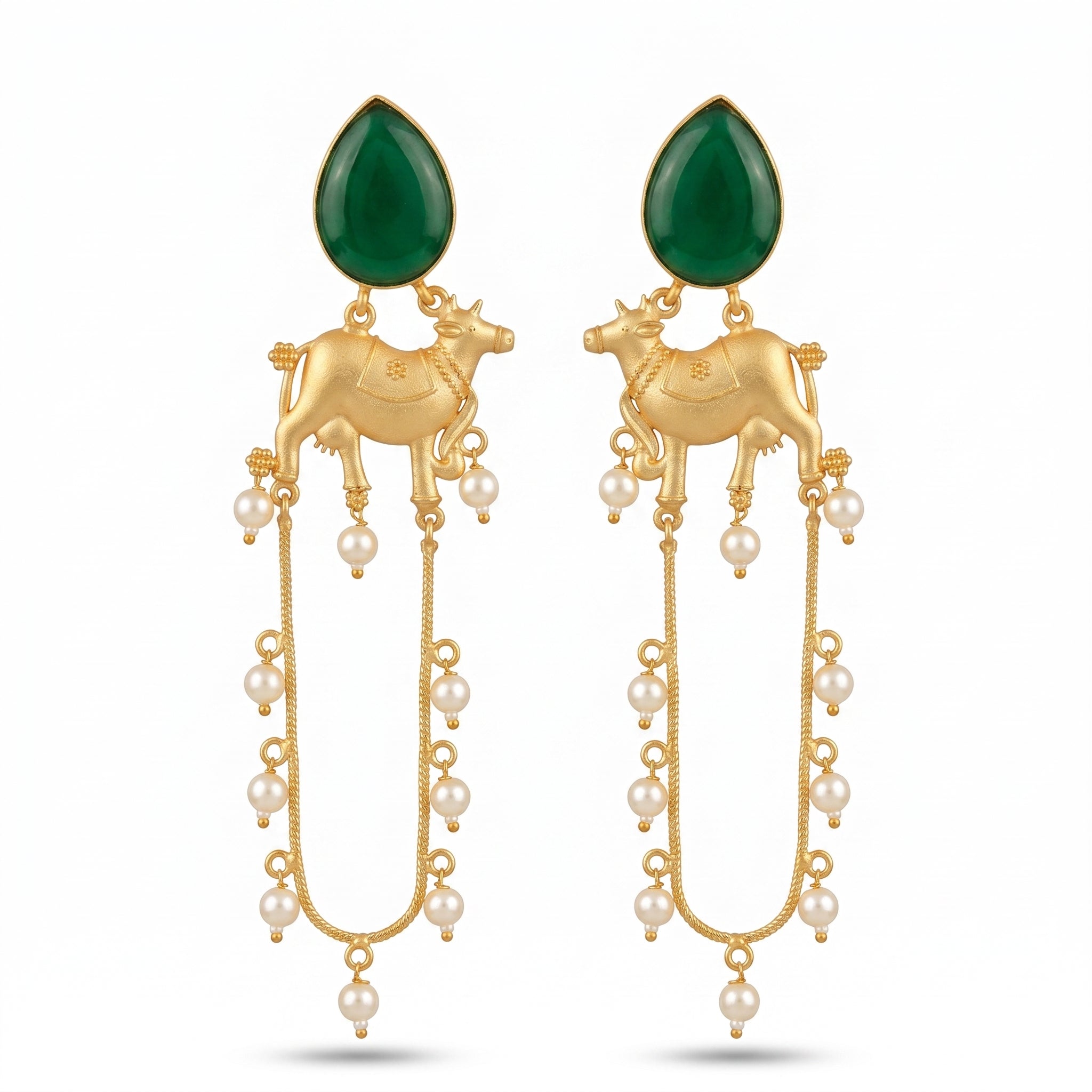 Emerald Cow Motif Pearl Drop Earrings
