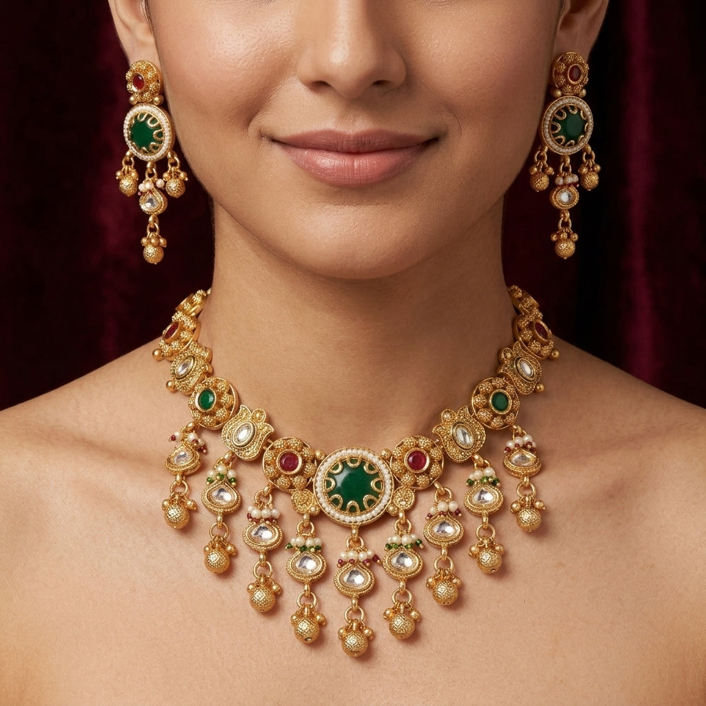 Emerald Kundan Temple Bridal Necklace Set