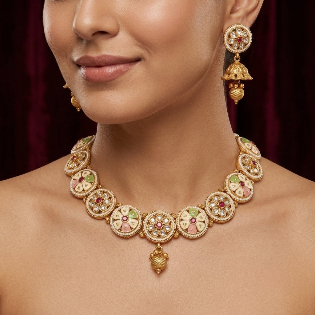Floral Enamel Jhumka Necklace Set