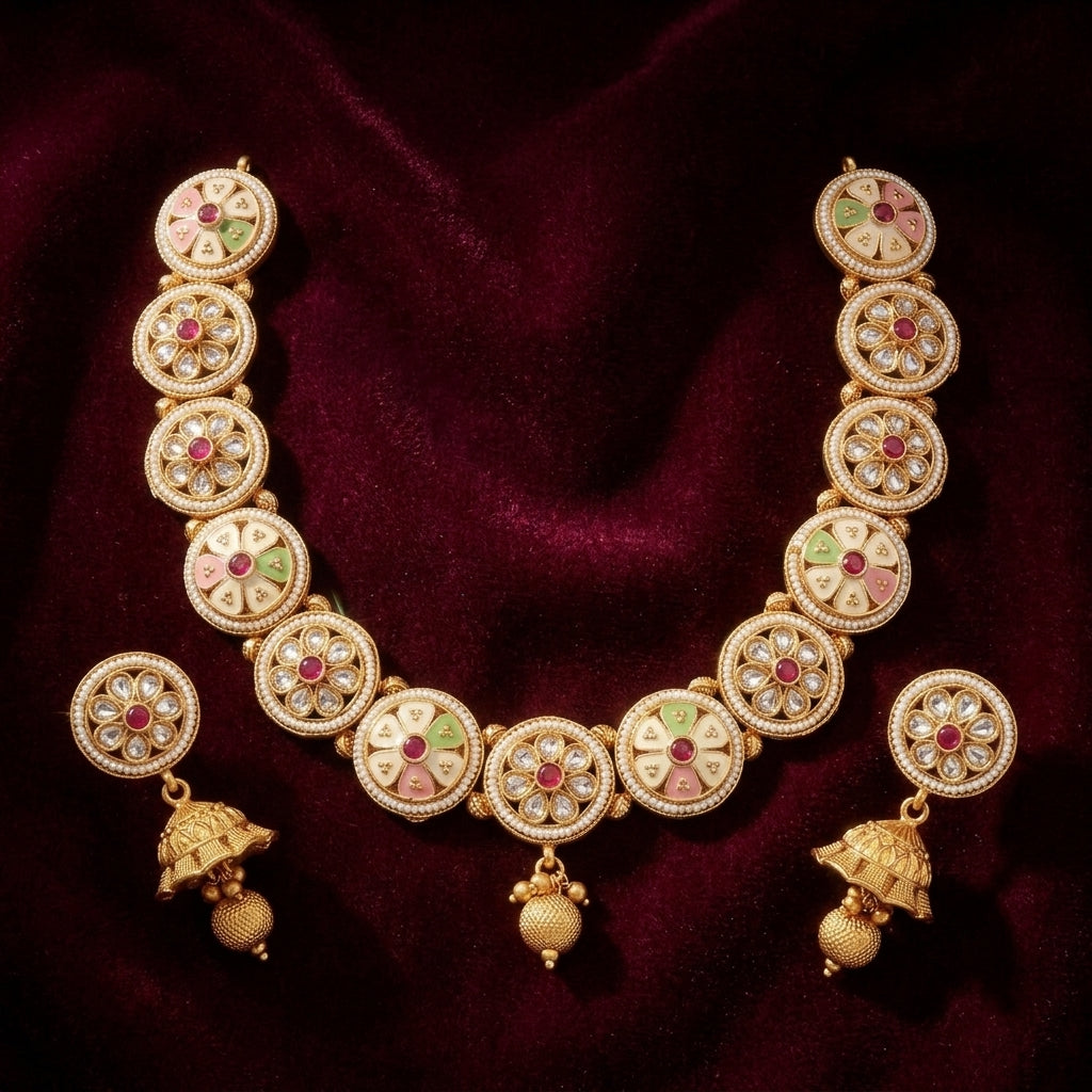 Floral Enamel Jhumka Necklace Set