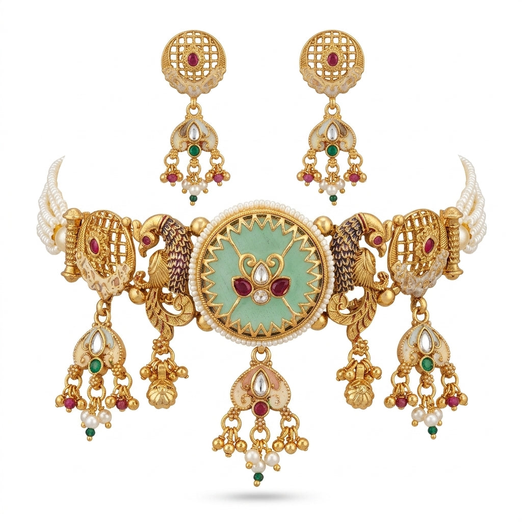 Mint Meenakari Peacock Choker Set