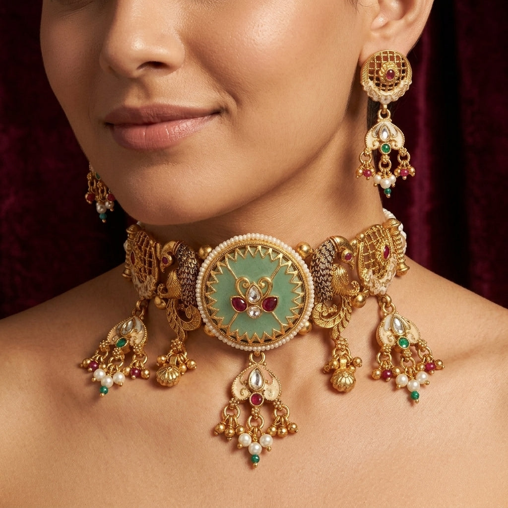 Mint Meenakari Peacock Choker Set