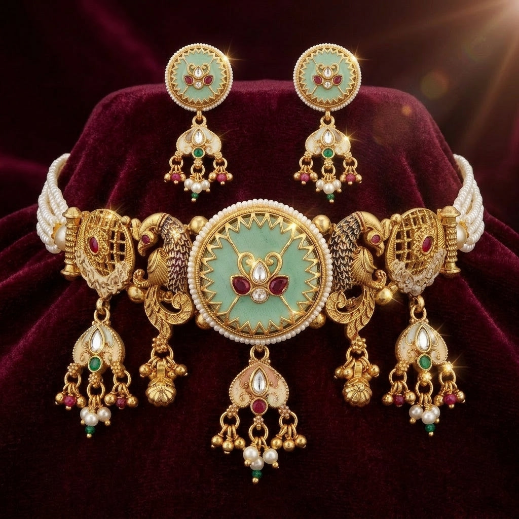Mint Meenakari Peacock Choker Set