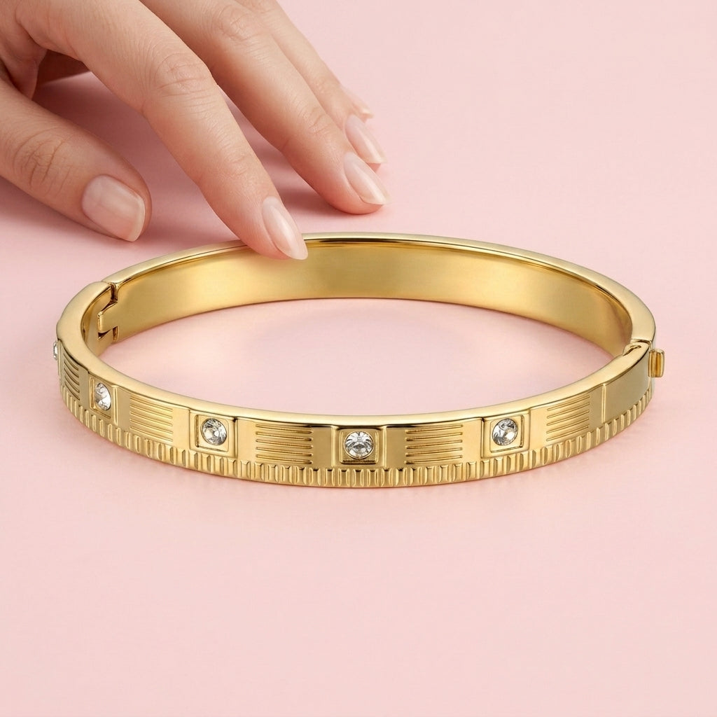 Textured Crystal Stud Gold Bangle