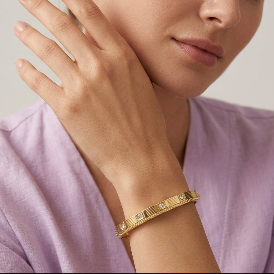 Textured Crystal Stud Gold Bangle