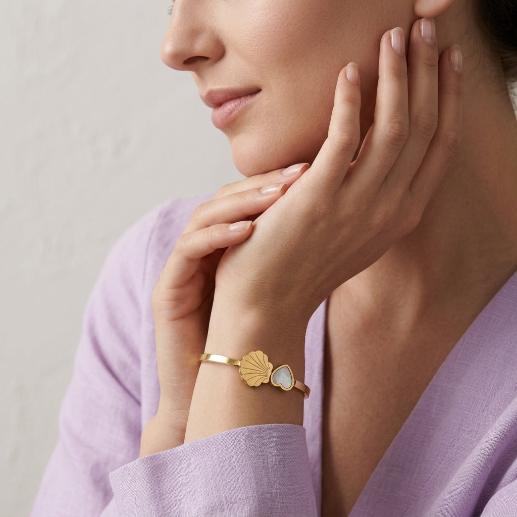 Shell Heart Pearl Accent Gold Bracelet
