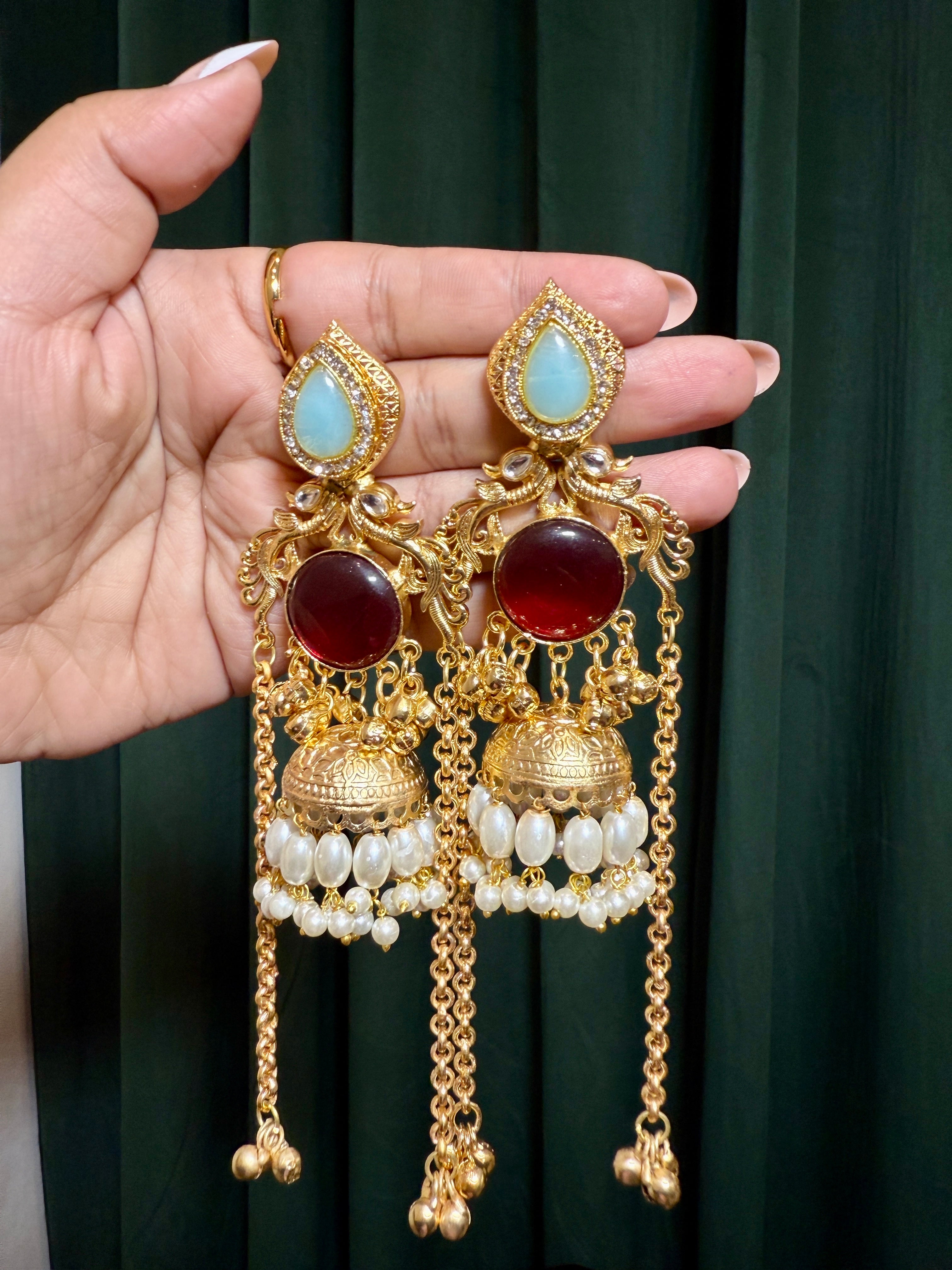 Traditional Gold-Tone Jhumka Earrings with Gemstones & Pearls