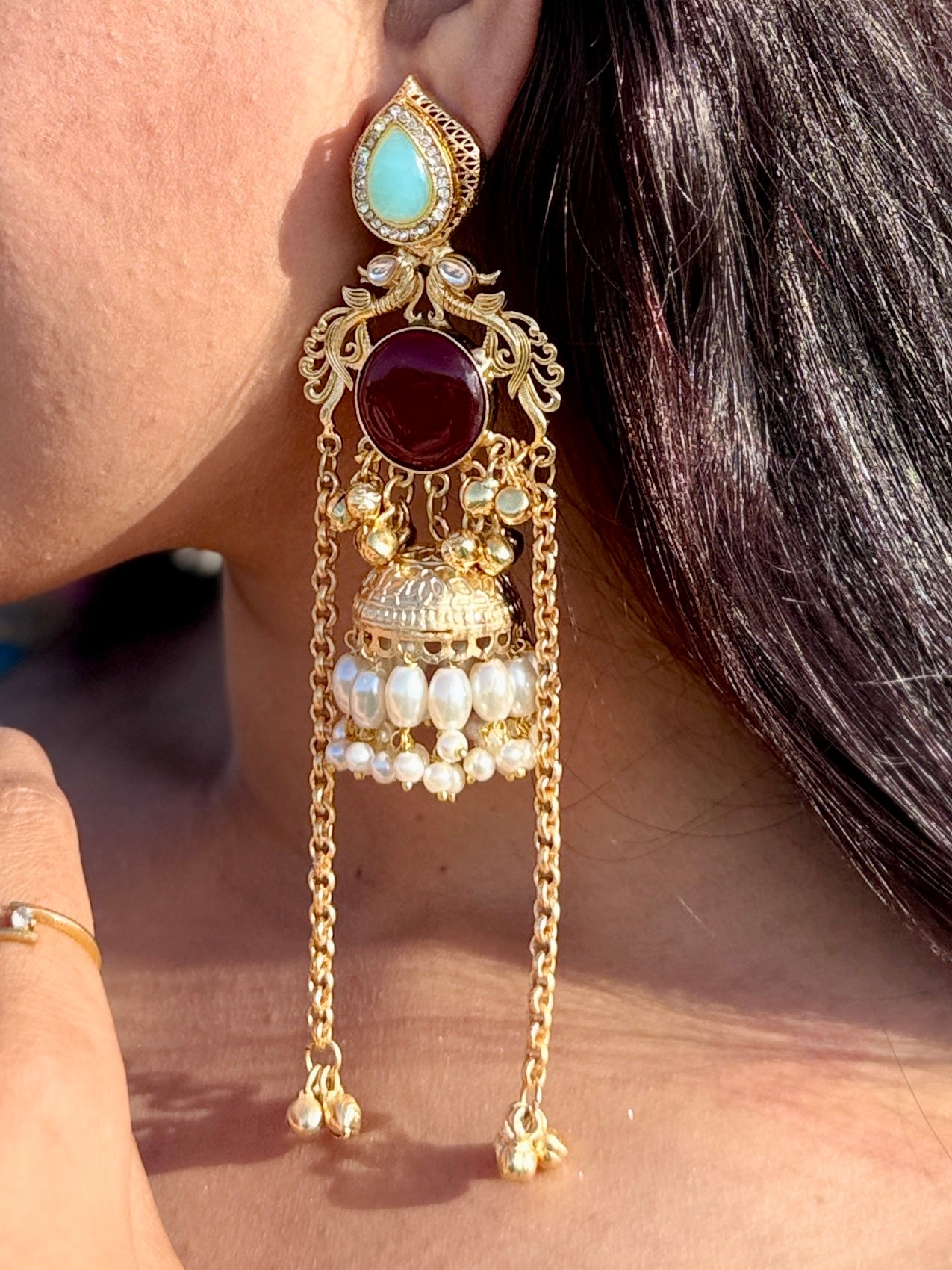 Traditional Gold-Tone Jhumka Earrings with Gemstones & Pearls