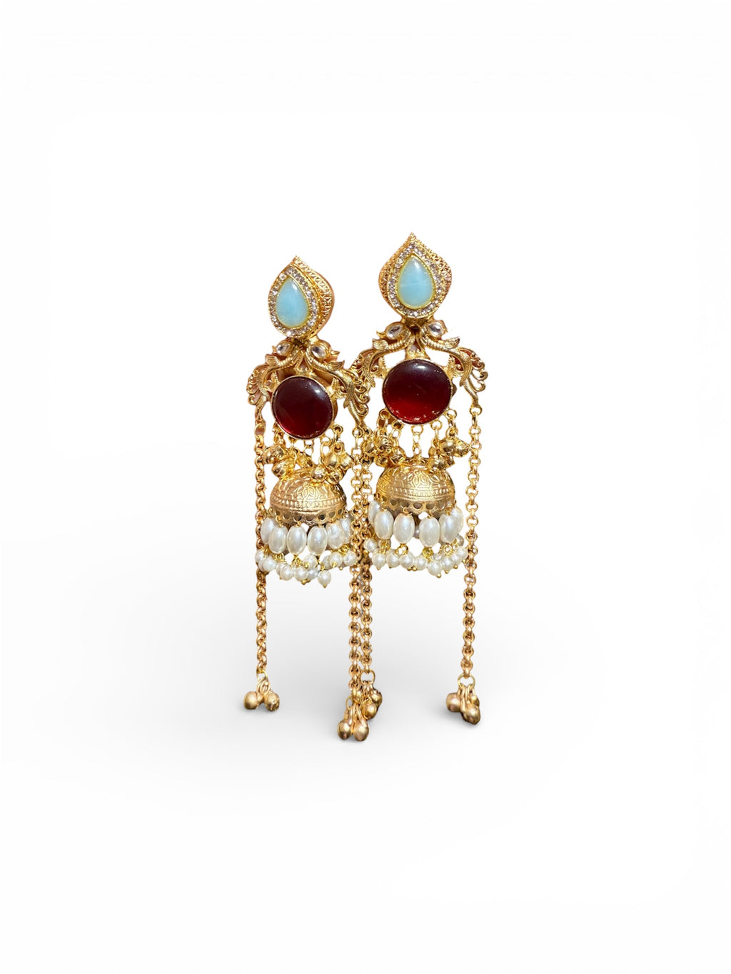 Traditional Gold-Tone Jhumka Earrings with Gemstones & Pearls