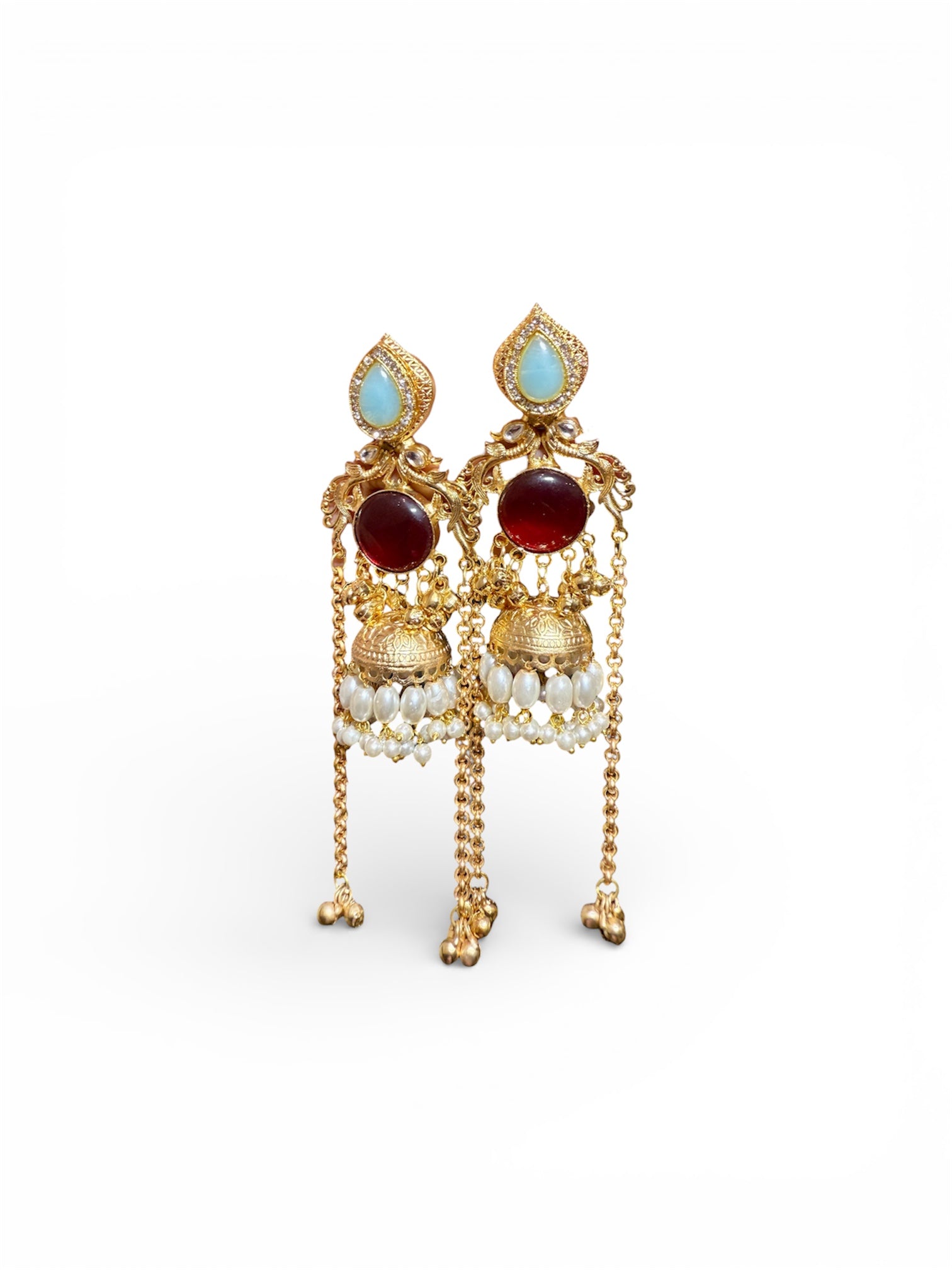 Traditional Gold-Tone Jhumka Earrings with Gemstones & Pearls