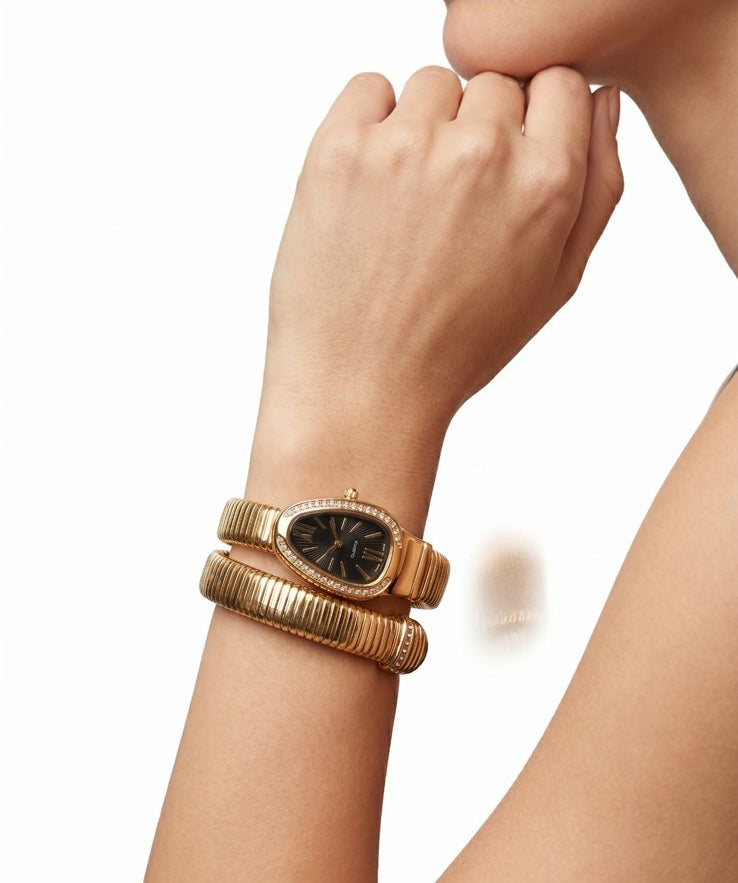 Serpenti Noir Dial Gold Coil Watch
