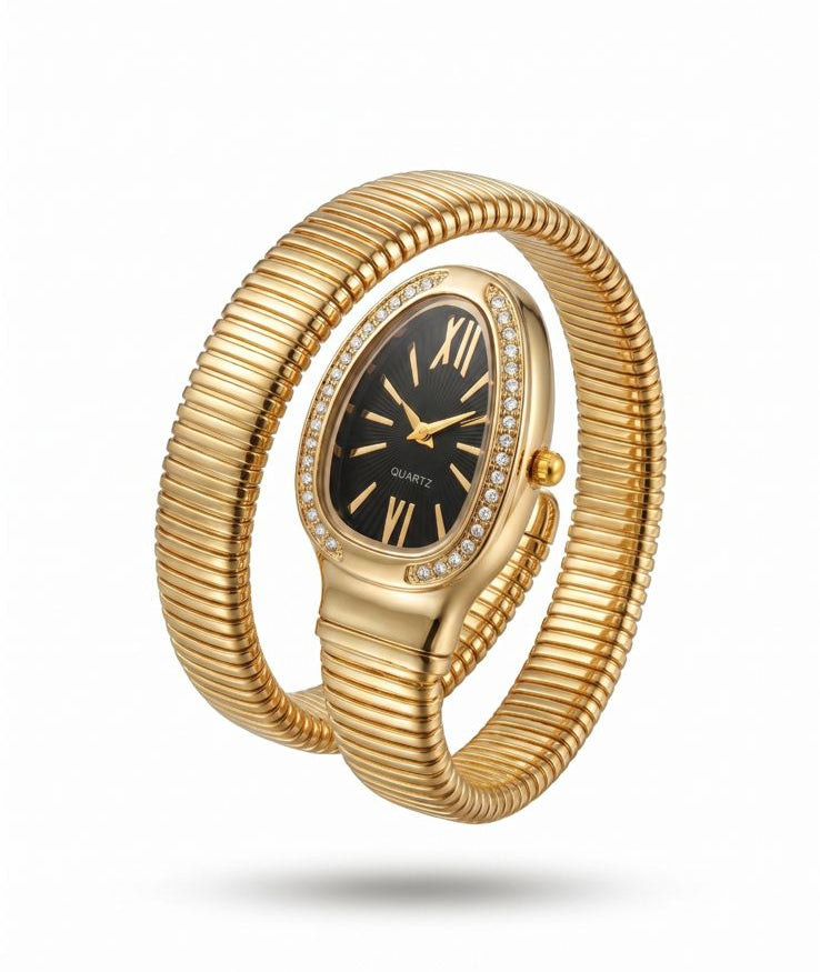 Serpenti Noir Dial Gold Coil Watch