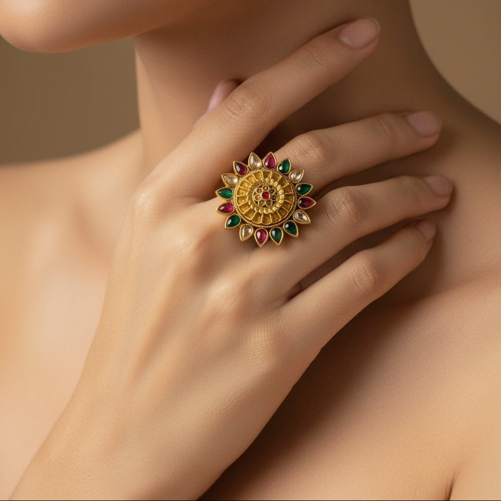 Navratna Sunburst Heritage Ring