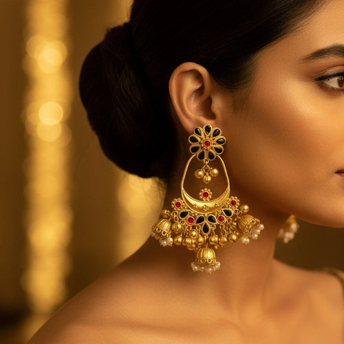 Antique Black Stone Chandbali Jhumka Earrings