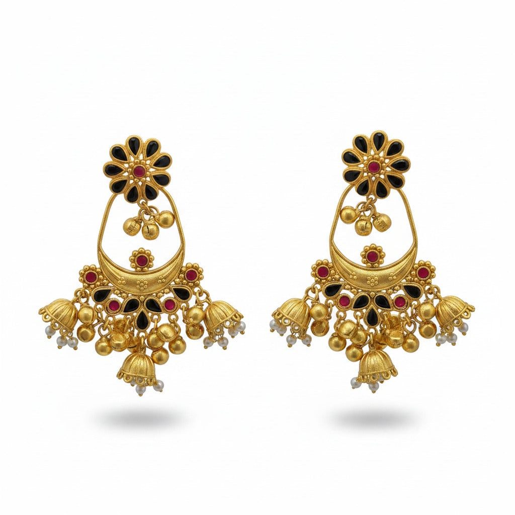 Antique Black Stone Chandbali Jhumka Earrings