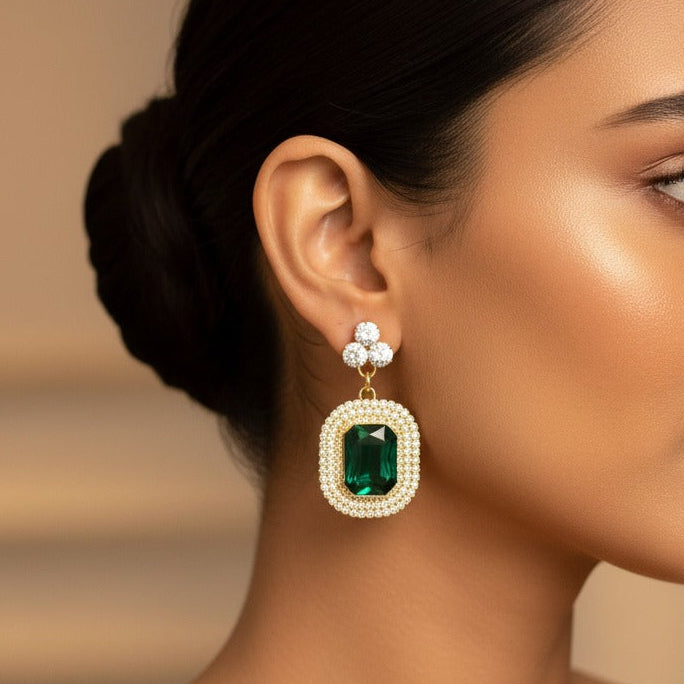 Emerald Crystal Halo Drop Earrings