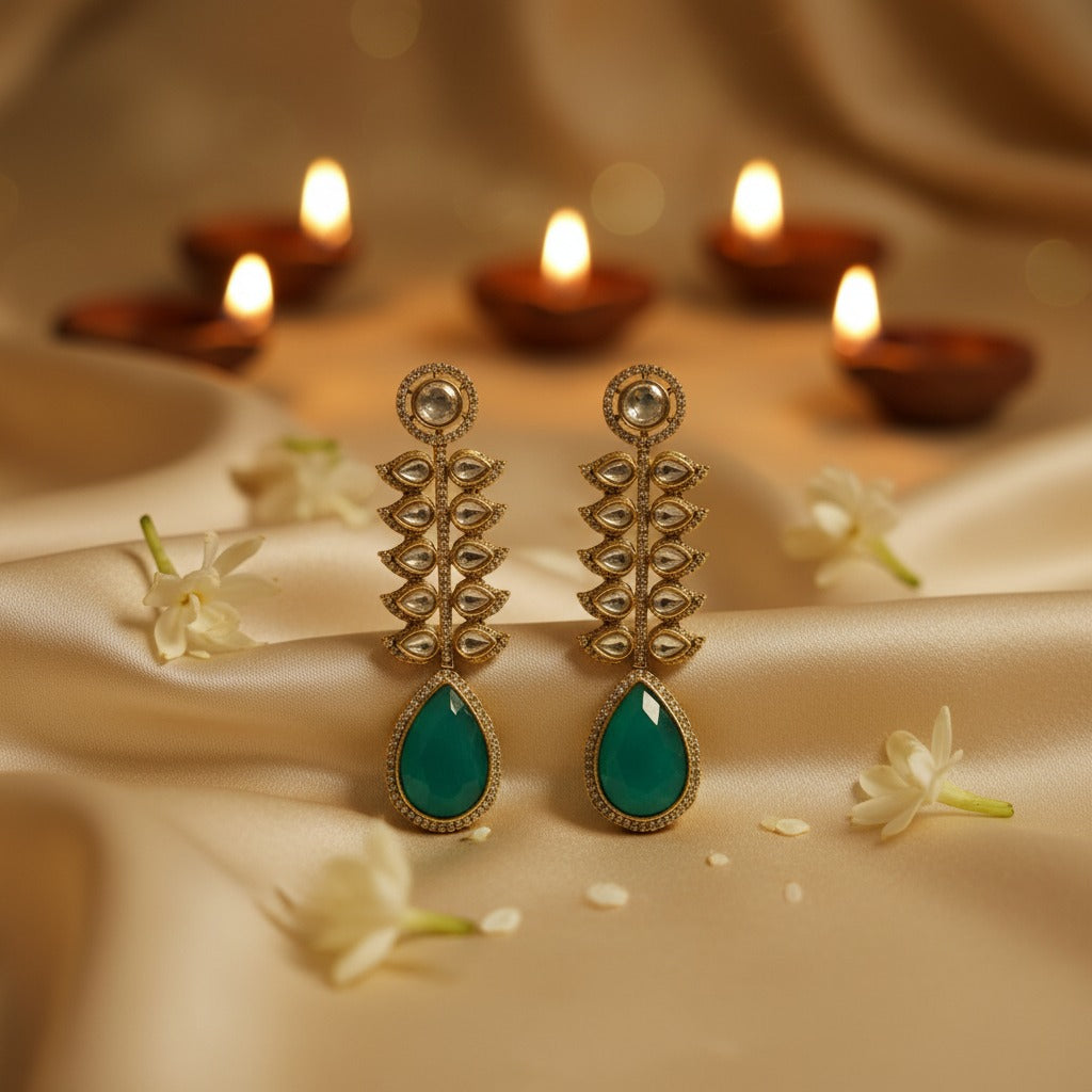 Emerald Teardrop Kundan Statement Earrings