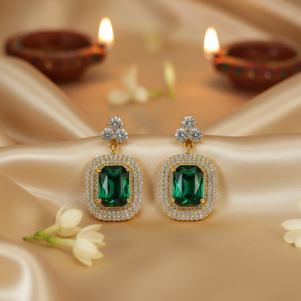 Emerald Crystal Halo Drop Earrings