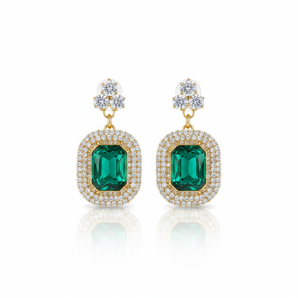 Emerald Crystal Halo Drop Earrings