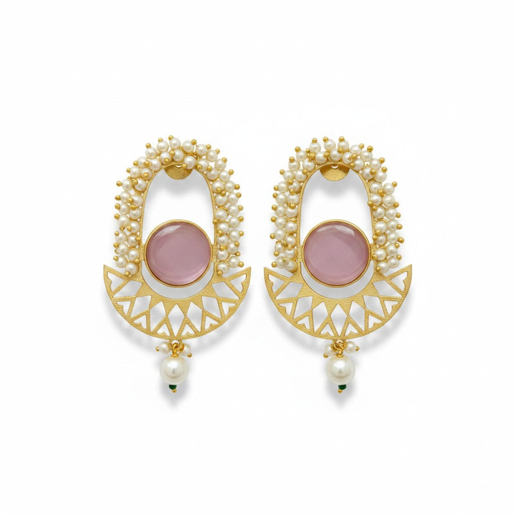 Pearl Halo Pink Stone Statement Earrings