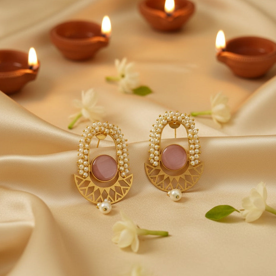 Pearl Halo Pink Stone Statement Earrings