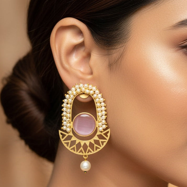 Pearl Halo Pink Stone Statement Earrings