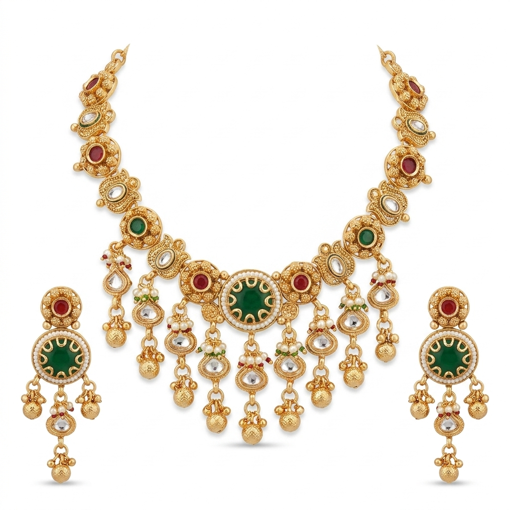 Emerald Kundan Temple Bridal Necklace Set