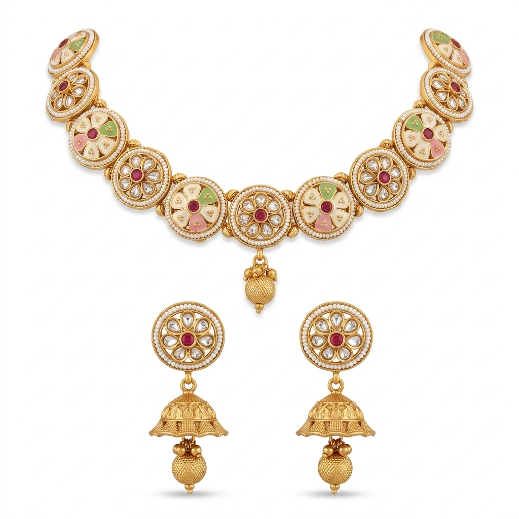 Floral Enamel Jhumka Necklace Set
