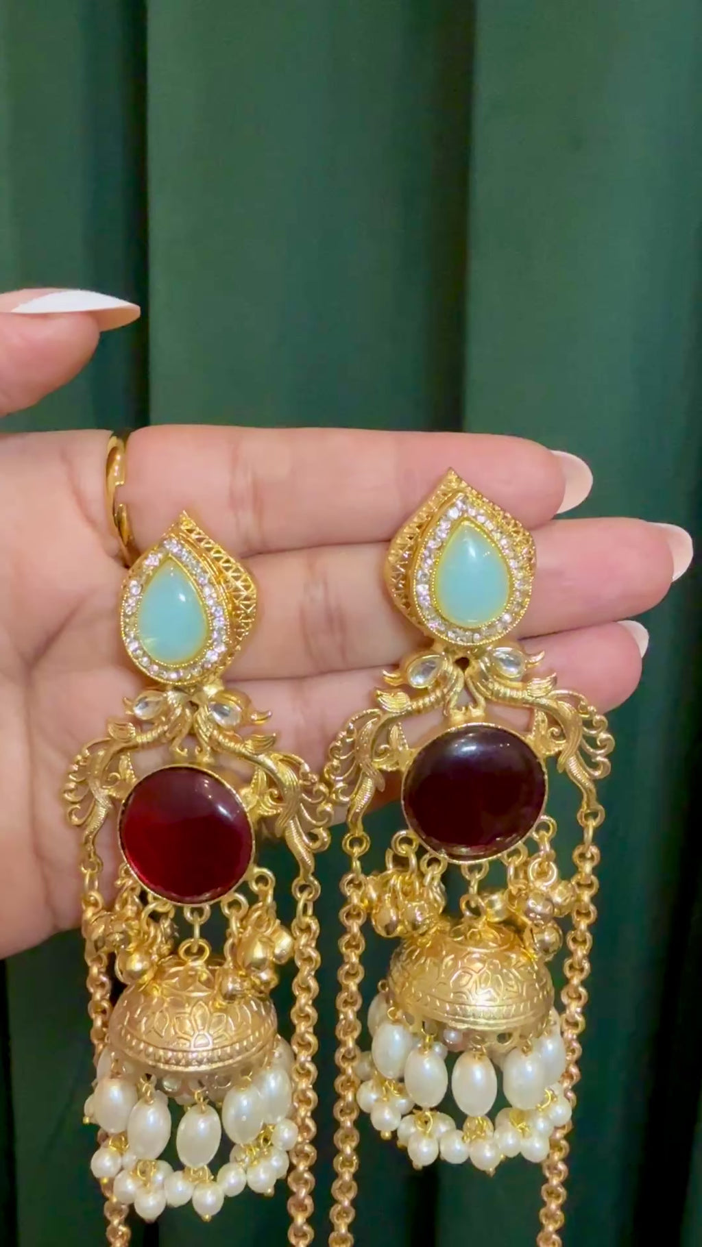 Traditional Gold-Tone Jhumka Earrings with Gemstones & Pearls
